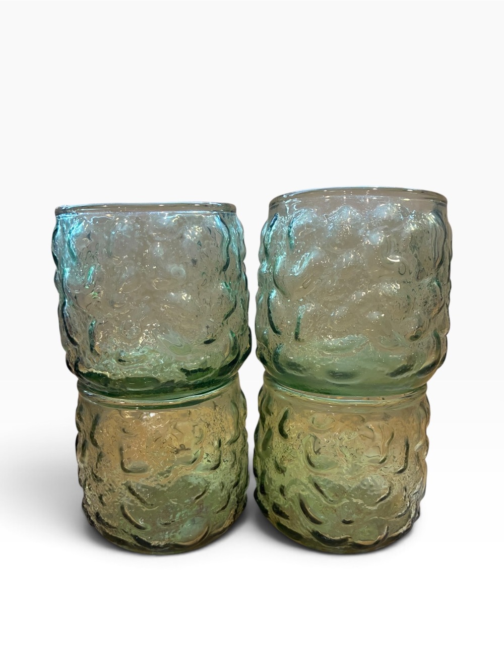 Set of 4 Vintage ANCHOR HOCKING Milano Green Roly Poly Tumbler Rocks Glasses
